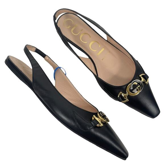 Gucci Zumi GG Interlocking Logo Pointed Toe Slingback Flats Black Size 37 - Picture 3 of 12